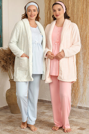 Desenli Welsoft Sabahlıklı Lohusa Pijama Takımı Pembe - 4214