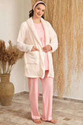 Desenli Welsoft Sabahlıklı Lohusa Pijama Takımı Pembe - 4214