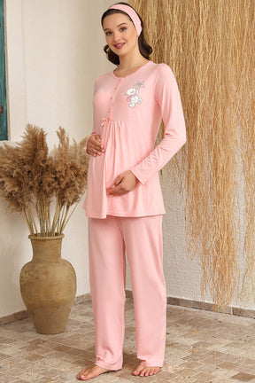 Desenli Welsoft Sabahlıklı Lohusa Pijama Takımı Pembe - 4214