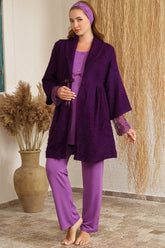 Sabahlıklı Dantelli Kol Lohusa Pijama Takımı Mor - 4222