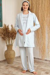 Puantiyeli Welsoft Sabahlıklı Lohusa Pijama Takımı Mavi - 4225