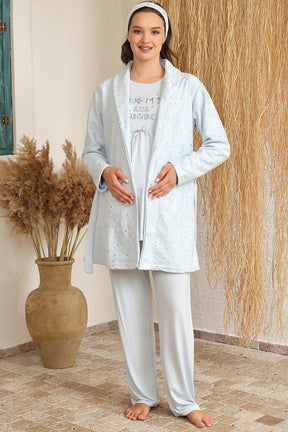 Puantiyeli Welsoft Sabahlıklı Lohusa Pijama Takımı Mavi - 4225