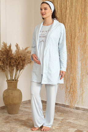 Puantiyeli Welsoft Sabahlıklı Lohusa Pijama Takımı Mavi - 4225