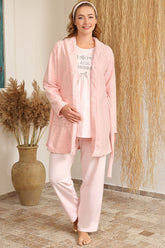 Puantiyeli Welsoft Sabahlıklı Lohusa Pijama Takımı Pudra - 4225