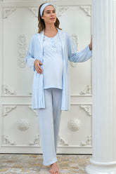 Sabahlıklı Dantelli Yaka Lohusa Pijama Takımı Mavi - 4307