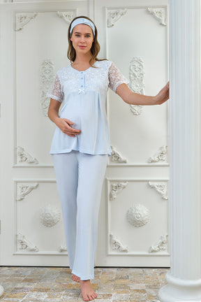 Sabahlıklı Dantelli Yaka Lohusa Pijama Takımı Mavi - 4307
