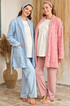Kalpli Polar Sabahlıklı Lohusa Pijama Takımı Mavi - 4407