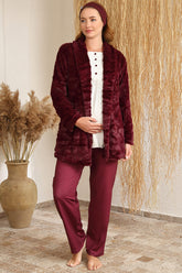 Welsoft Sabahlıklı Güpürlü Lohusa Pijama Takımı Bordo - 4410