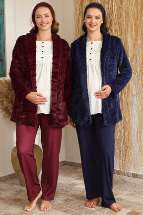 Welsoft Sabahlıklı Güpürlü Lohusa Pijama Takımı Bordo - 4410