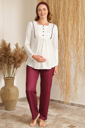 Welsoft Sabahlıklı Güpürlü Lohusa Pijama Takımı Bordo - 4410