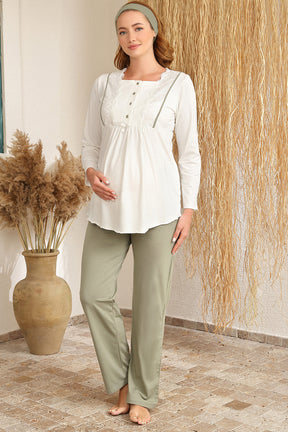 Welsoft Sabahlıklı Güpürlü Lohusa Pijama Takımı Yeşil - 4410
