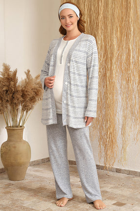 Çizgi Desen Sabahlıklı Lohusa Pijama Takımı İndigo - 4411