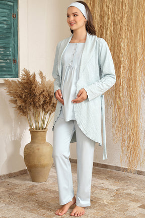 Jakar Sabahlıklı Dantelli Lohusa Pijama Takımı Mavi - 4412