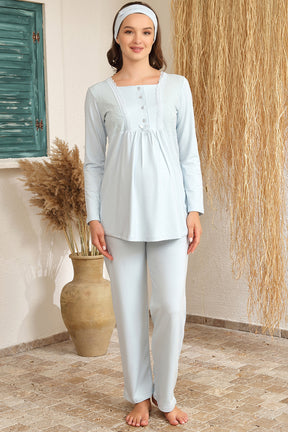 Jakar Sabahlıklı Dantelli Lohusa Pijama Takımı Mavi - 4412