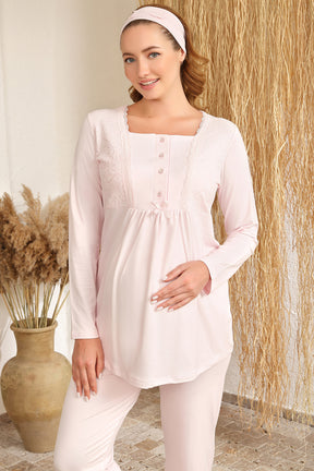 Jakar Sabahlıklı Dantelli Lohusa Pijama Takımı Pudra - 4412