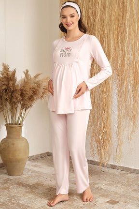 Desenli Sabahlıklı Lohusa Pijama Takımı Pembe - 4414