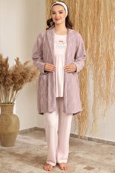 Desenli Sabahlıklı Lohusa Pijama Takımı Pembe - 4414