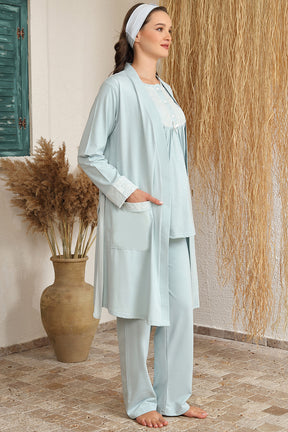 Sabahlıklı Dantelli Yaka Lohusa Pijama Takımı Mint - 4415