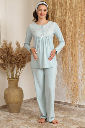 Sabahlıklı Dantelli Yaka Lohusa Pijama Takımı Mint - 4415