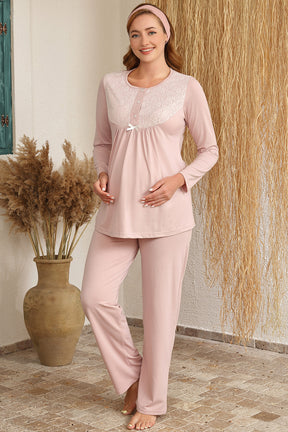 Sabahlıklı Dantelli Yaka Lohusa Pijama Takımı Pudra - 4415