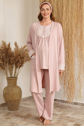 Sabahlıklı Dantelli Yaka Lohusa Pijama Takımı Pudra - 4415