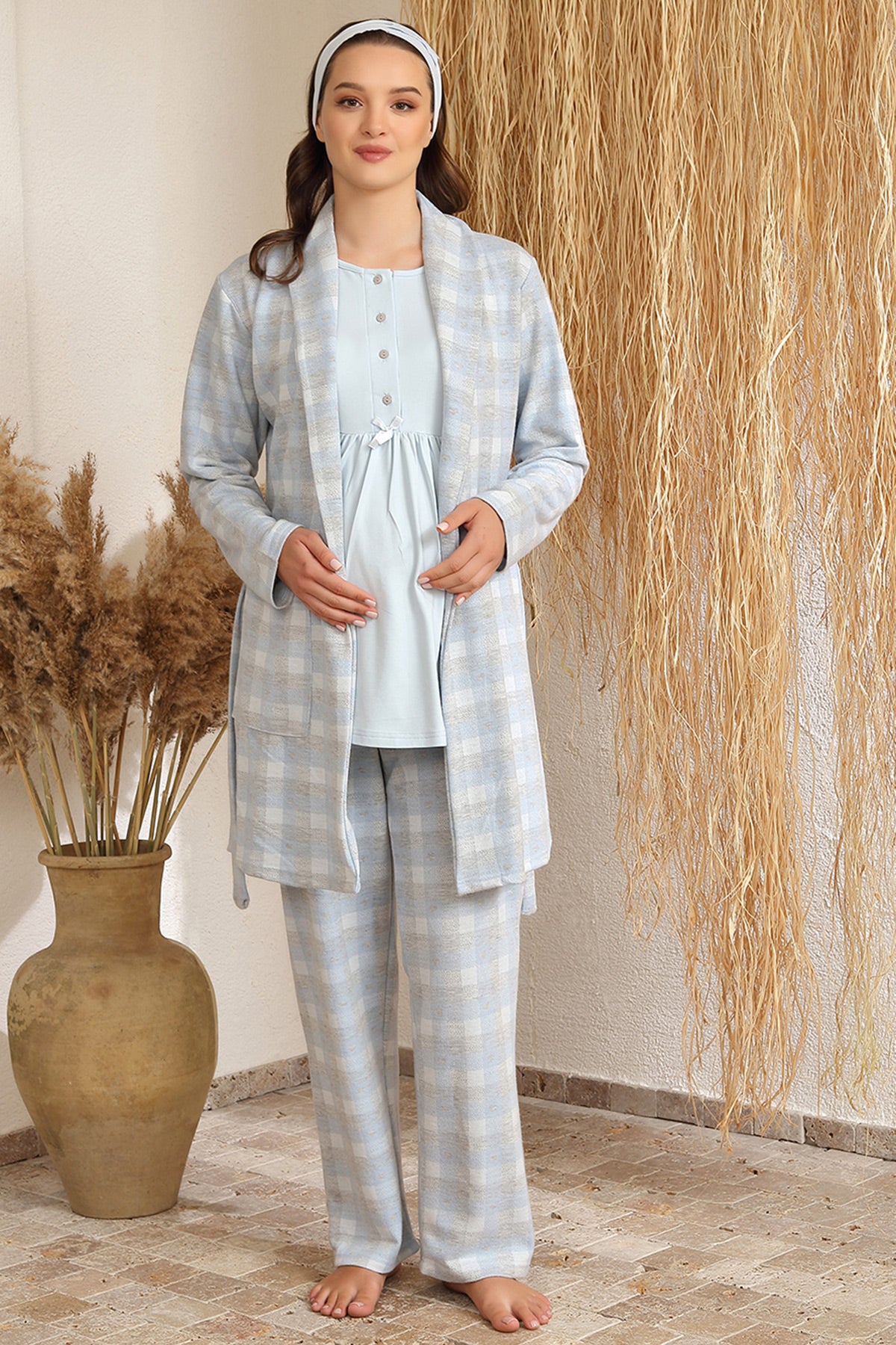 Ekoseli Sabahlıklı Lohusa Pijama Takımı Mavi - 4424