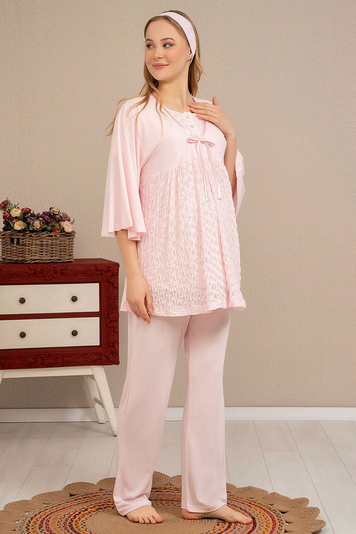 Sabahlıklı Dantelli Lohusa Pijama Takımı - 4504