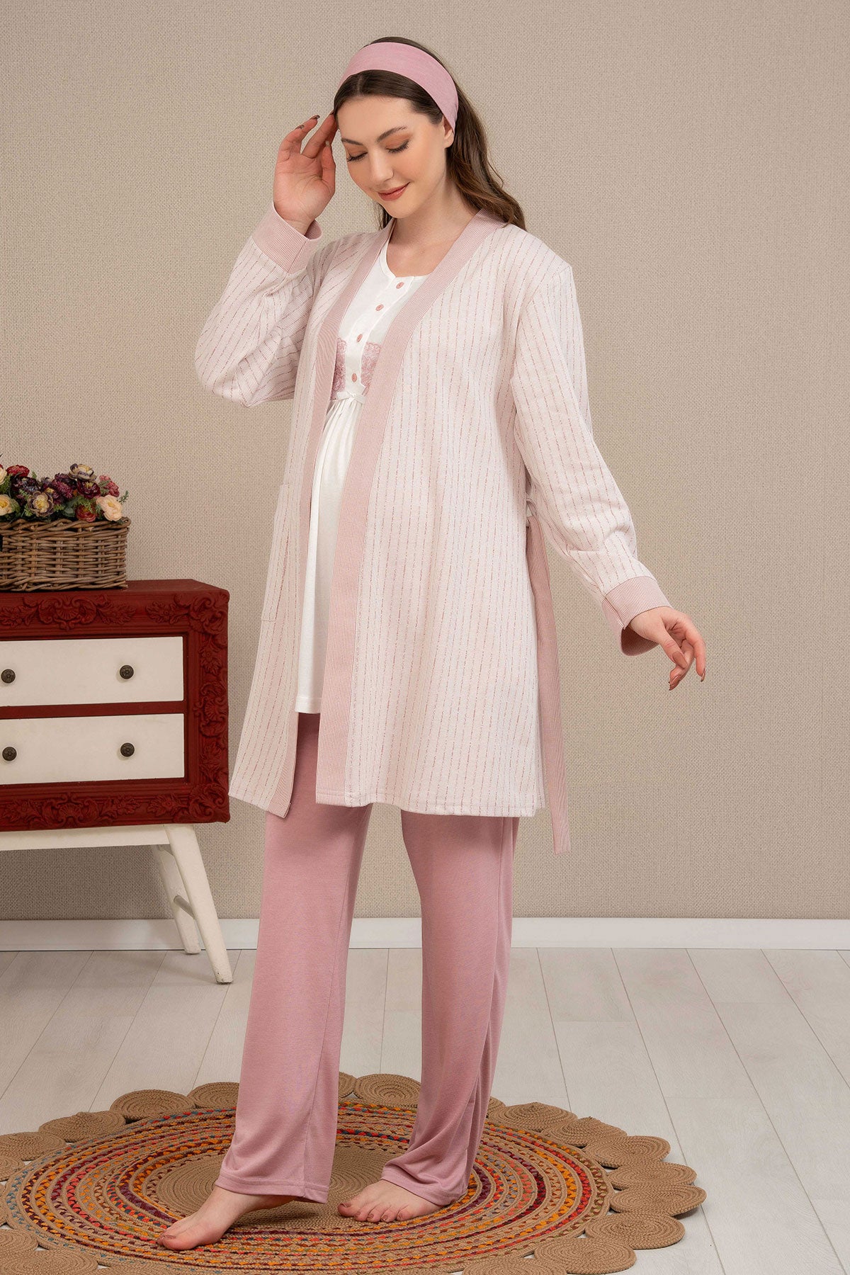 Sabahlıklı Güpürlü Lohusa Pijama Takımı - 4505