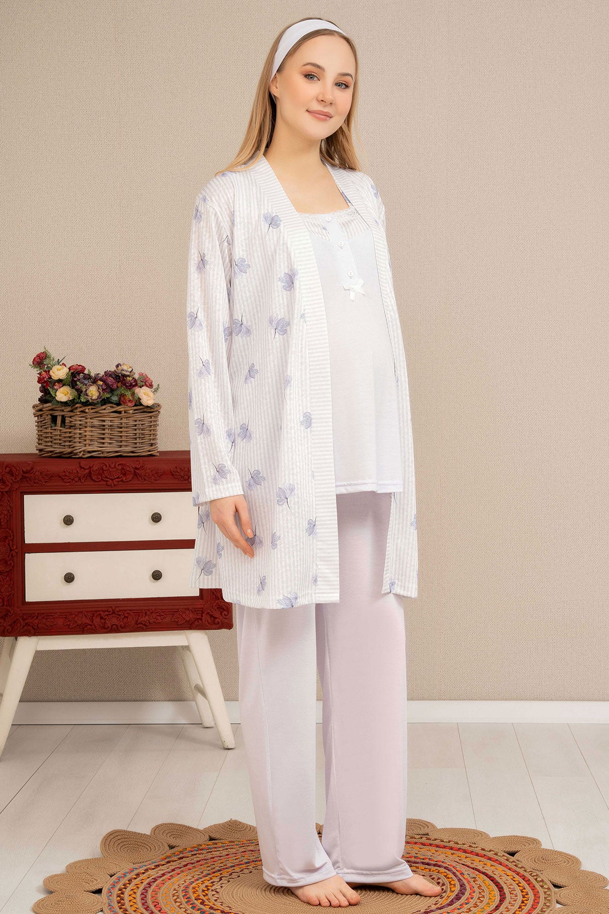 Çiçek Desen Sabahlıklı Askılı Lohusa Pijama Takımı - 4521