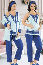 Dantelli Sabahlıklı Askılı Lohusa Pijama Takımı Mavi - 45860