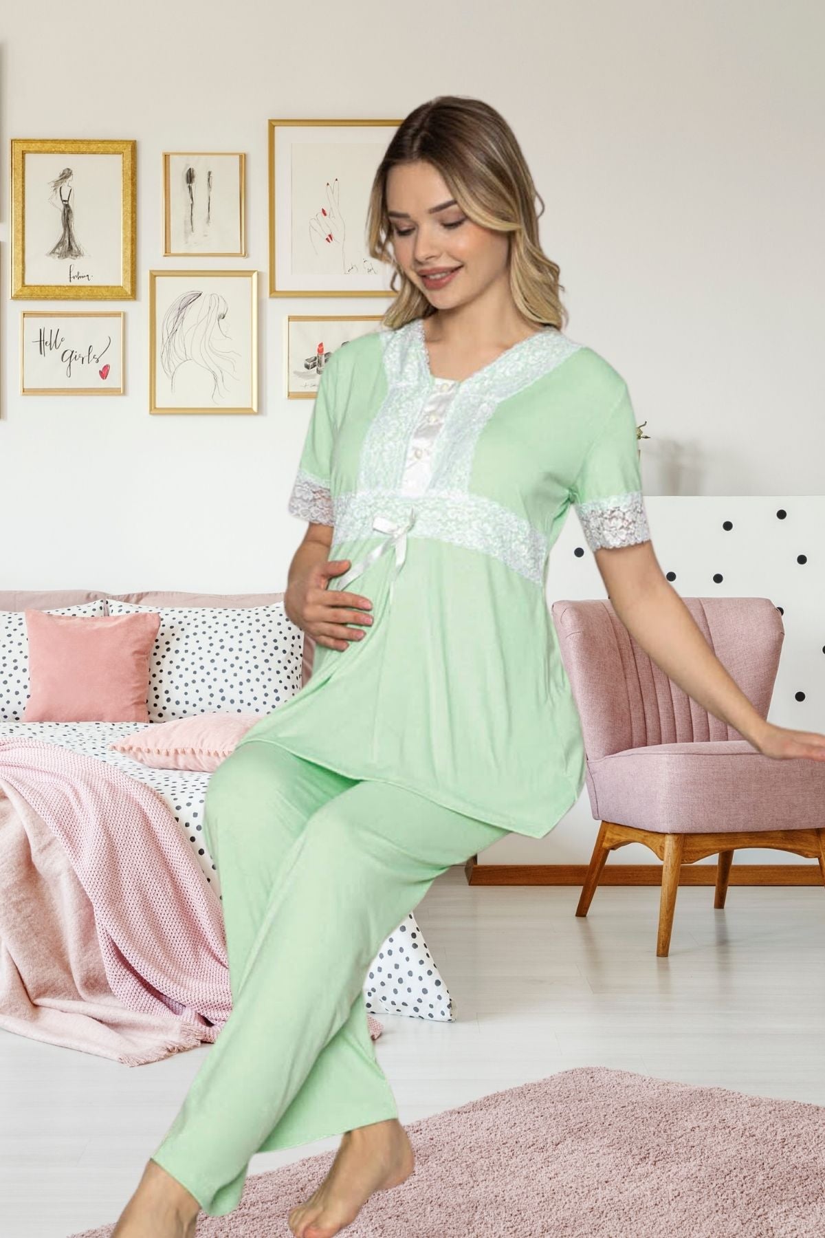 Dantelli Lohusa Pijama Takımı Yeşil - 47192