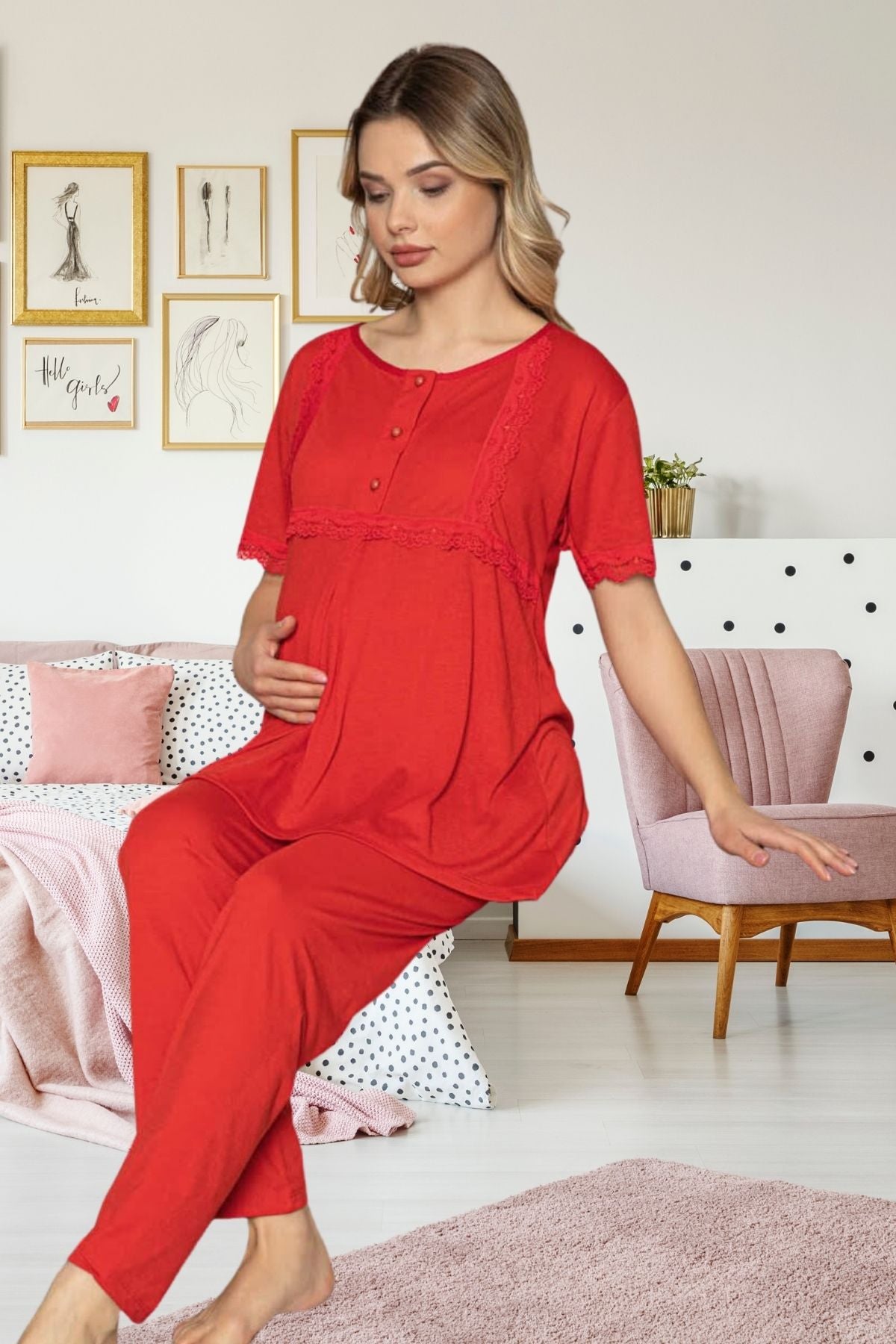 Güpürlü Lohusa Pijama Takımı Kırmızı - 47202