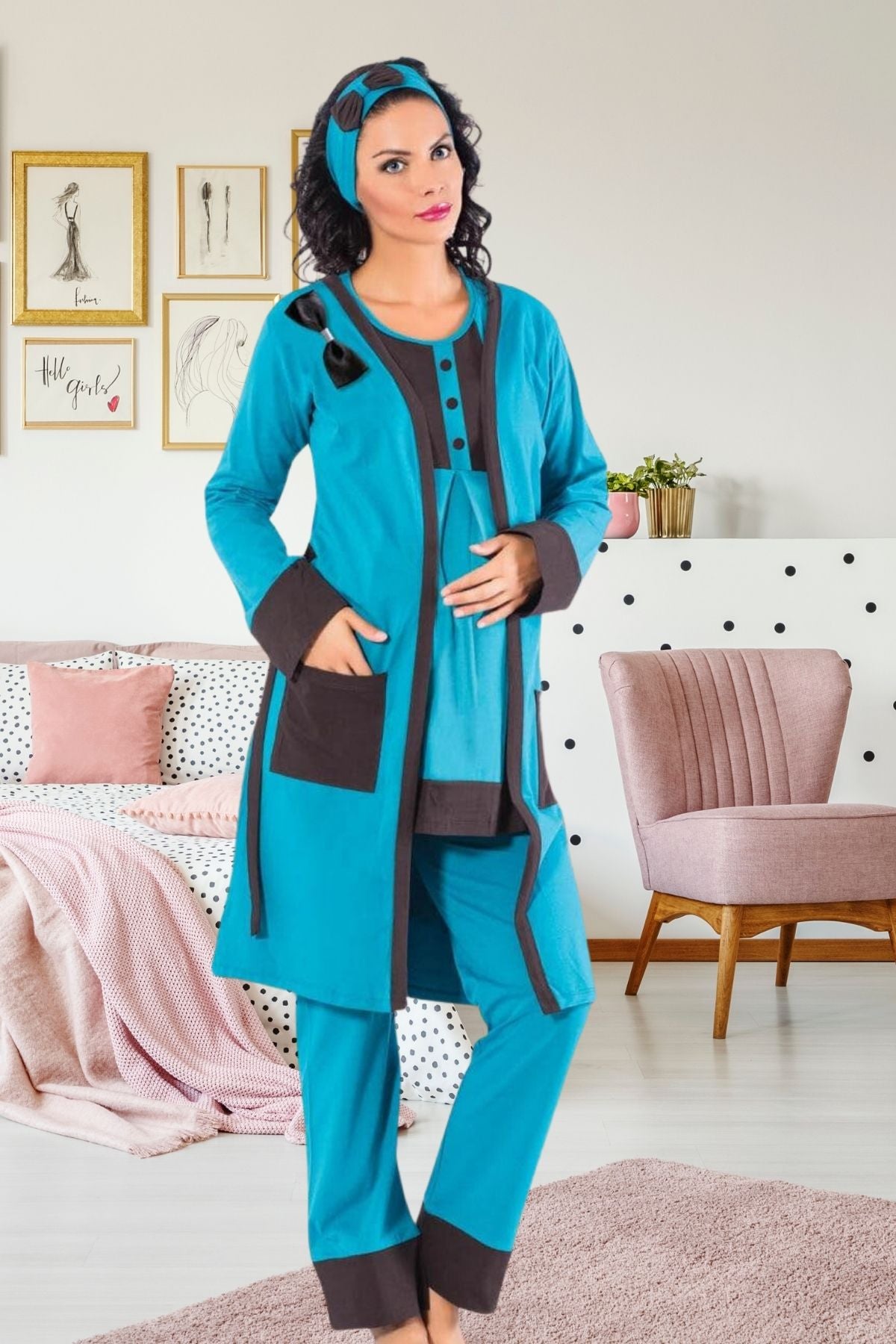 Fiyonk Sabahlıklı Lohusa Pijama Takımı Mavi - 47776