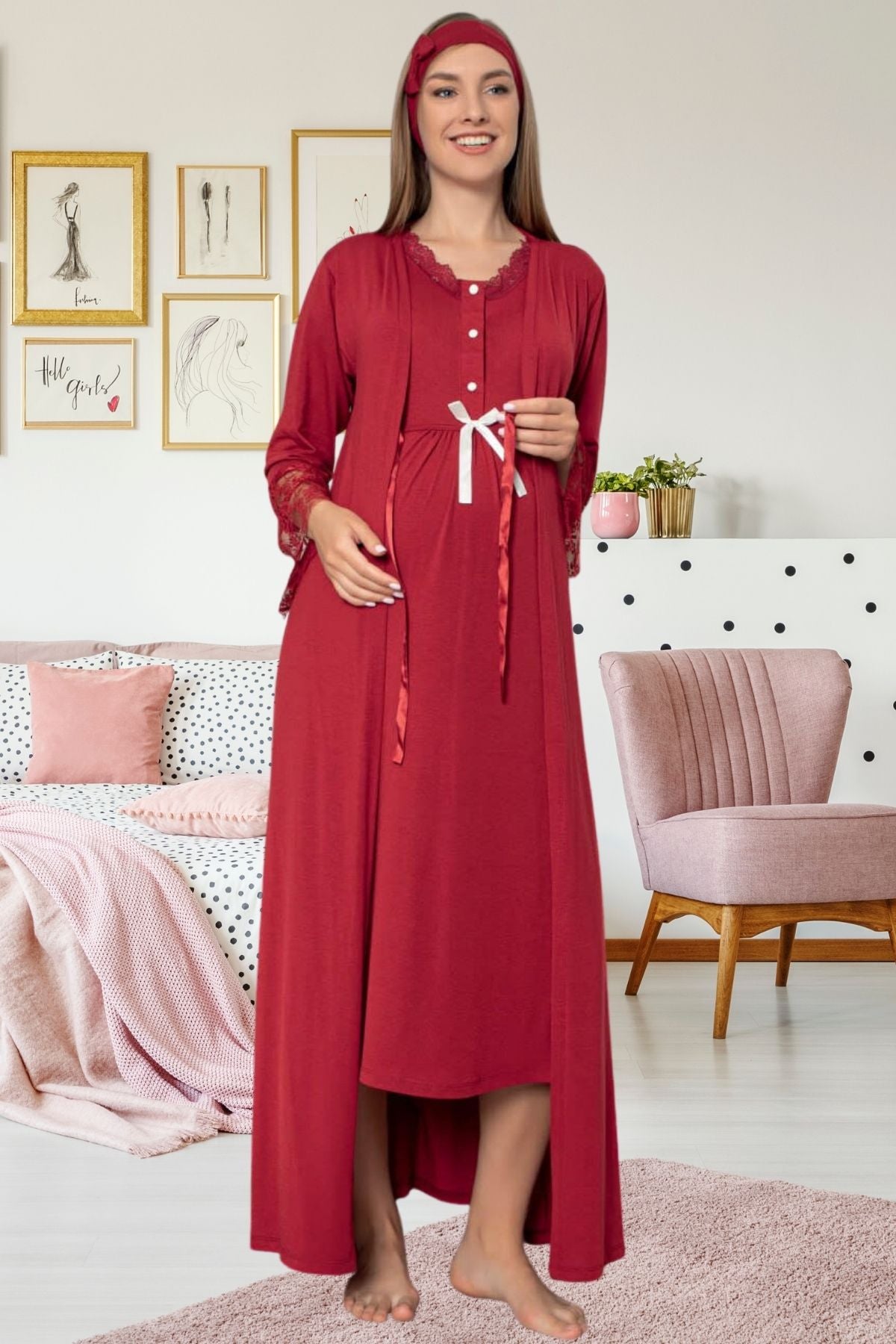 Sabahlıklı Dantelli Lohusa Gecelik Takımı Bordo - 48146