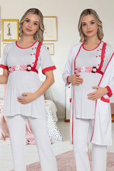 Puantiyeli Sabahlıklı Dantelli Lohusa Pijama Takımı Ekru - 49280