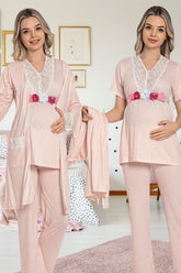 Sabahlıklı Dantelli V Yaka Lohusa Pijama Takımı Pembe - 49921