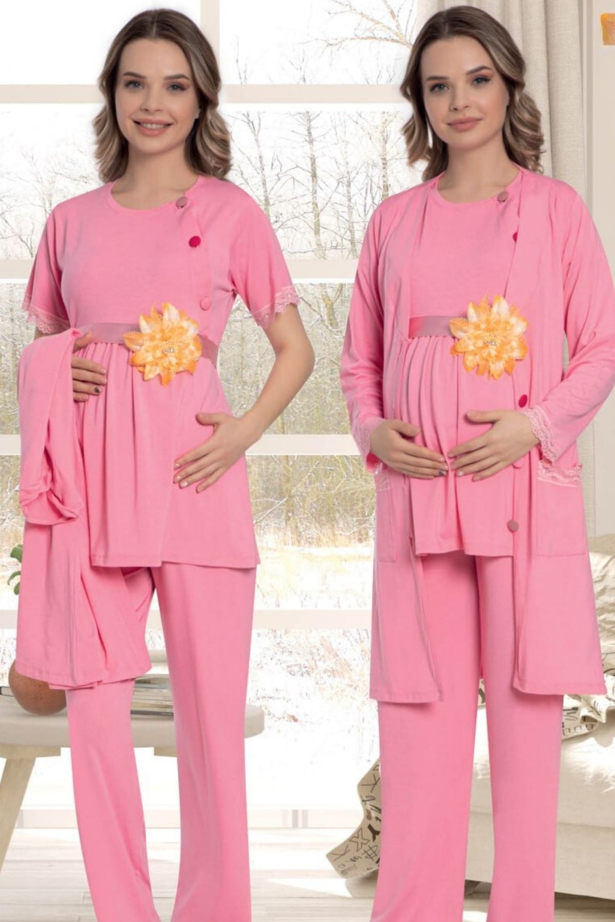 Sabahlıklı Dantelli Kol Lohusa Pijama Takımı Pembe - 51343