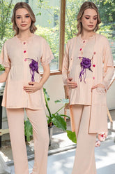 Sabahlıklı Dantelli Lohusa Pijama Takımı Somon - 51349