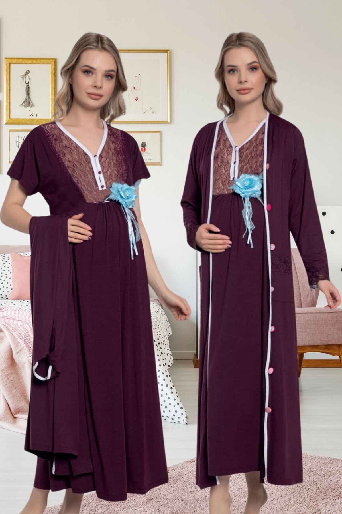 Sabahlıklı Güpürlü Yaka Lohusa Gecelik Takımı Mor - 51478