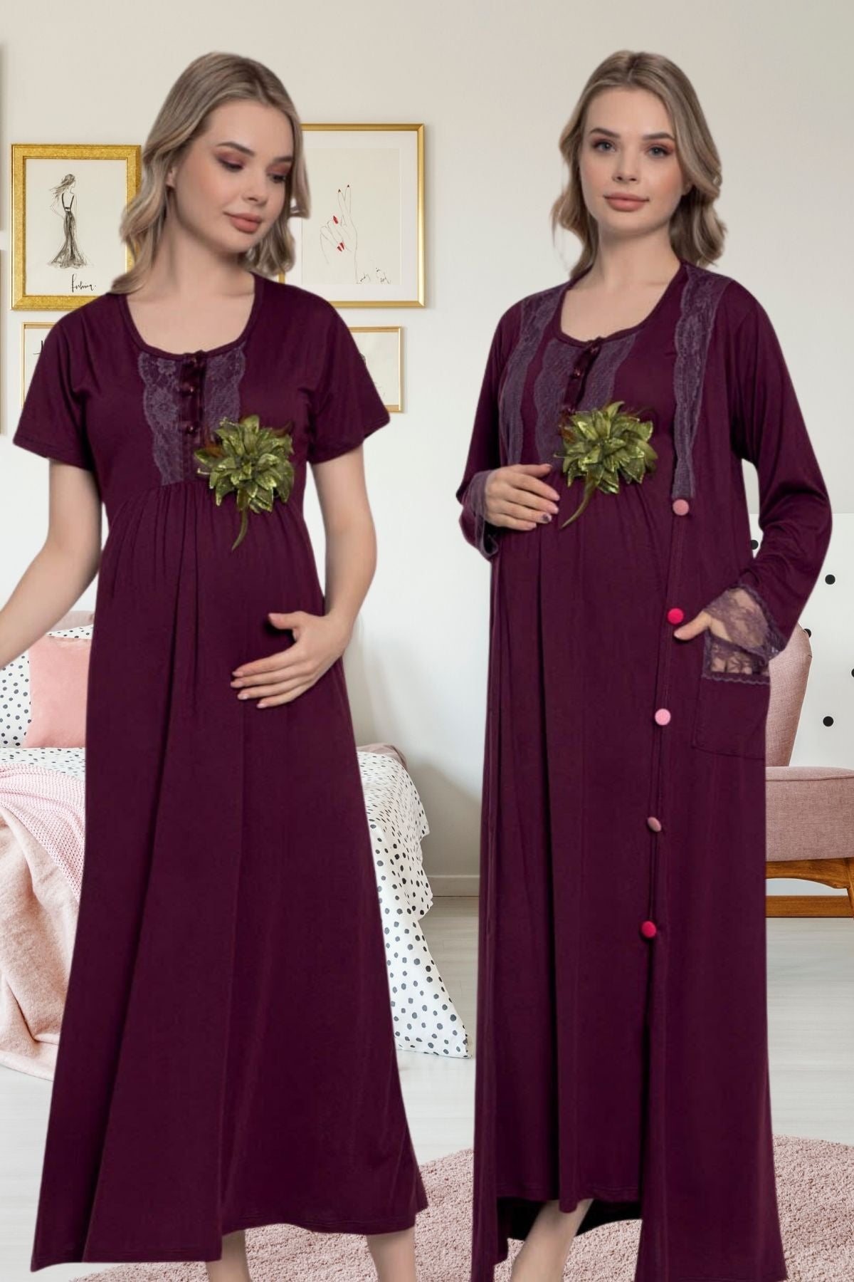 Güpürlü Sabahlıklı Lohusa Gecelik Takımı Mor - 51479