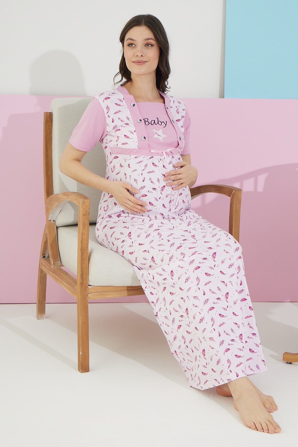 Desenli Uzun Lohusa Gecelik Pembe - 5402