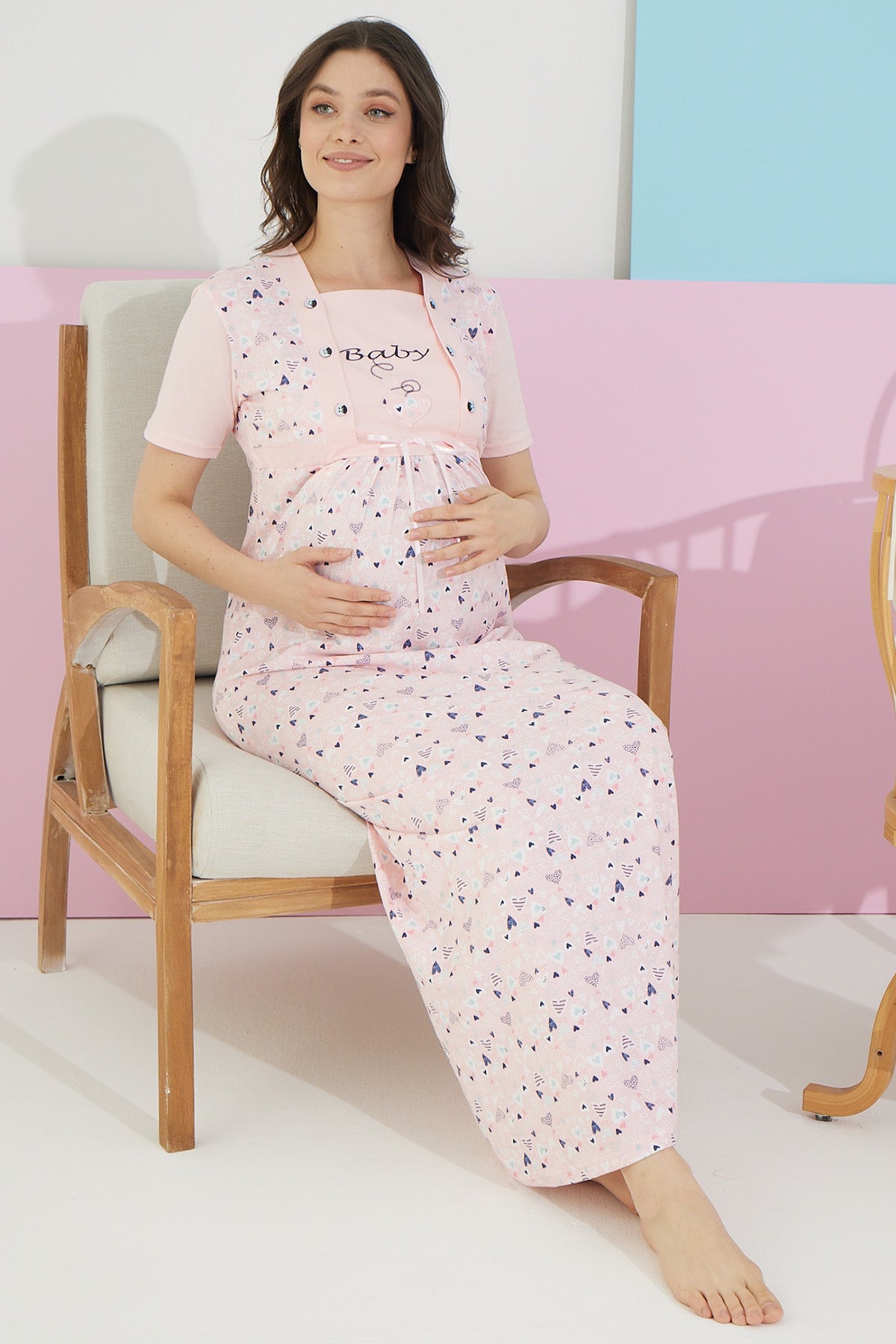 Desenli Uzun Lohusa Gecelik Pembe - 5407