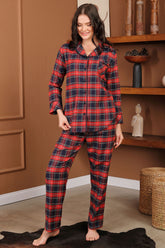 Ekose Önden Düğmeli Lohusa Pijama Takımı Kırmızı - 5528