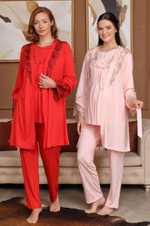 Dantelli Kol Sabahlıklı Lohusa Pijama Takımı - 5703