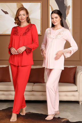 Dantelli Kol Sabahlıklı Lohusa Pijama Takımı - 5703