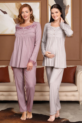 Dantelli Kadife Sabahlıklı Kare Yaka Lohusa Pijama Takımı - 5704