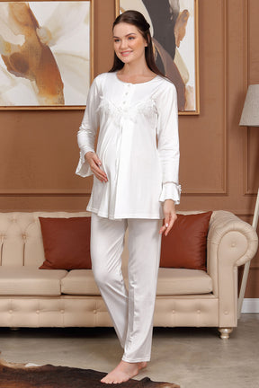 Dantelli Yaka Lohusa Pijama Takımı Ekru - 5707