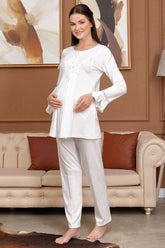 Dantelli Yaka Lohusa Pijama Takımı Ekru - 5707