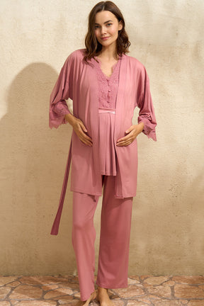 Dantel Detaylı Sabahlıklı Lohusa Pijama Takımı Gülkurusu - 5771
