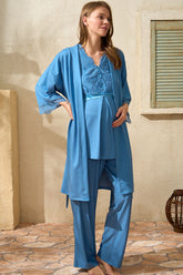 Dantel Detaylı Sabahlıklı Lohusa Pijama Takımı Mavi - 5771